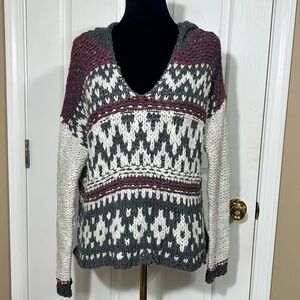 Free People Med Chunky Knit Fair Isle Hooded sweater Oversized Nordic Wool Blend